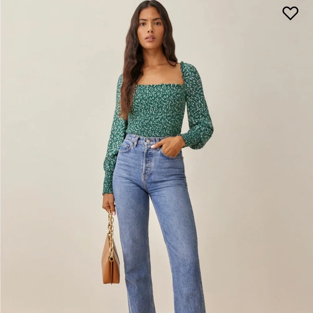 Reformation Green Floral Smocked Square-Neck Blouse
